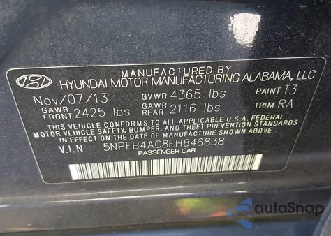 2014 Hyundai Sonata Gls from USA, damaged, VIN 5NPEB4AC8EH846838
